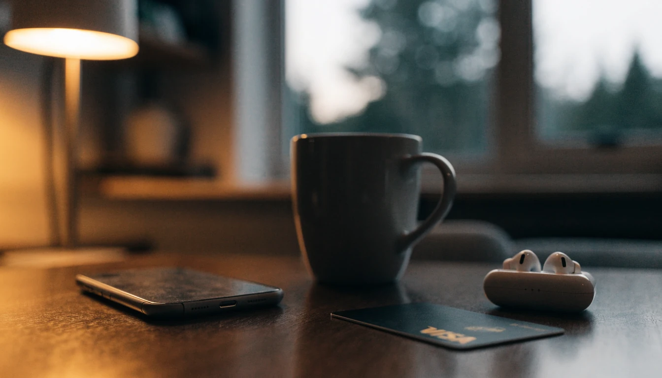 Smarttelefon og bankkort på et norsk bord