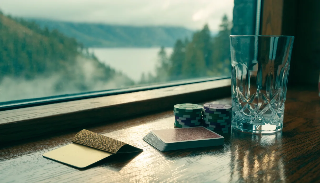 Bord ved norsk fjord med generisk betalingskort, casinokuler og spillekort i rolig stemning
