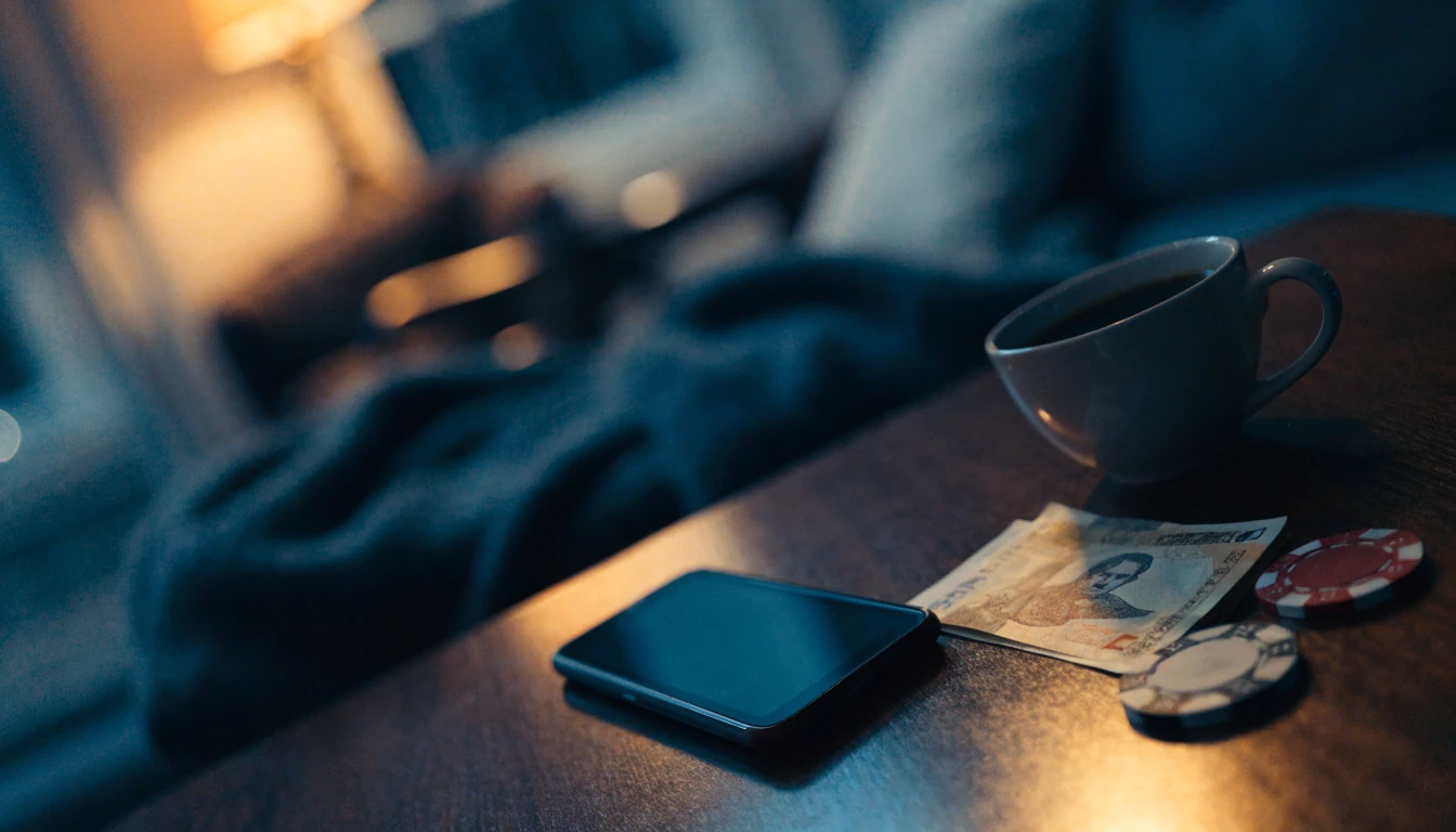 Smarttelefon ved siden av kroner og casinobrikker på et norsk stuebord