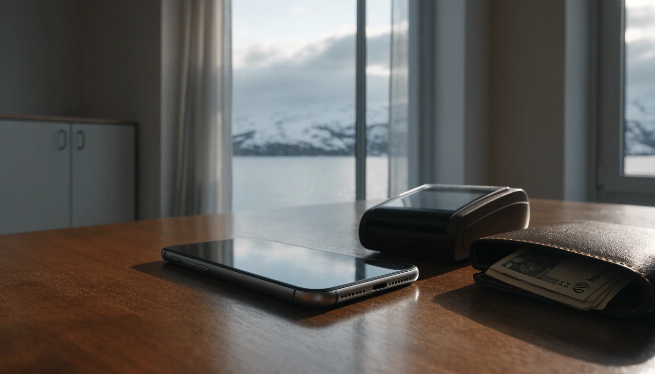 Smarttelefon vendt ned på bord ved siden av lommebok med norske kroner