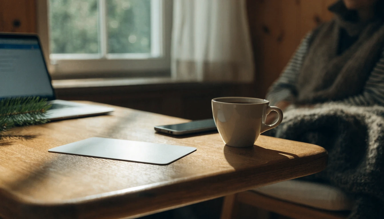 Neosurf-prepaidkort på et norsk hjemmekontor med kaffekopp og telefon