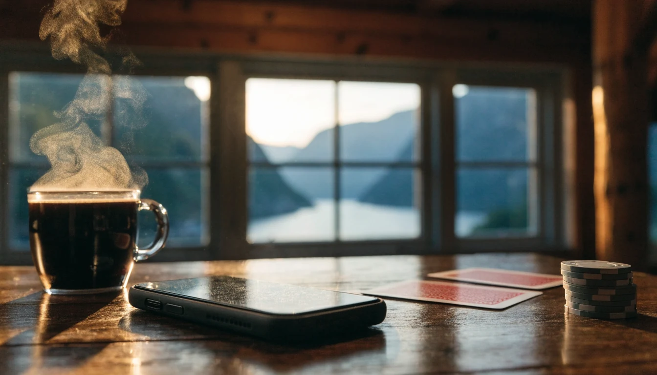 Smarttelefon vendt ned på et trebord ved siden av pokerjetonger og kaffekopp i en norsk hytte