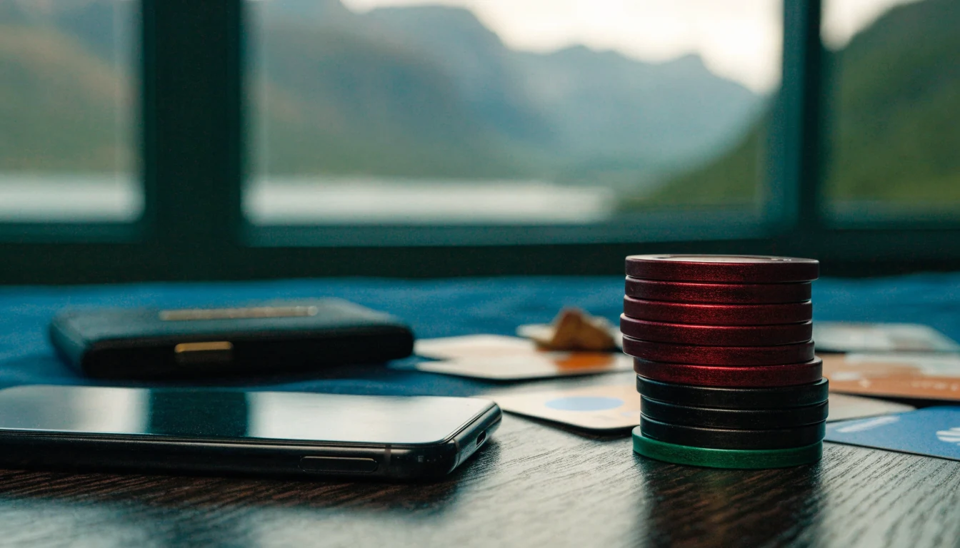 Casinojetonger, kort og en smarttelefon på et bord med norsk fjord i bakgrunnen
