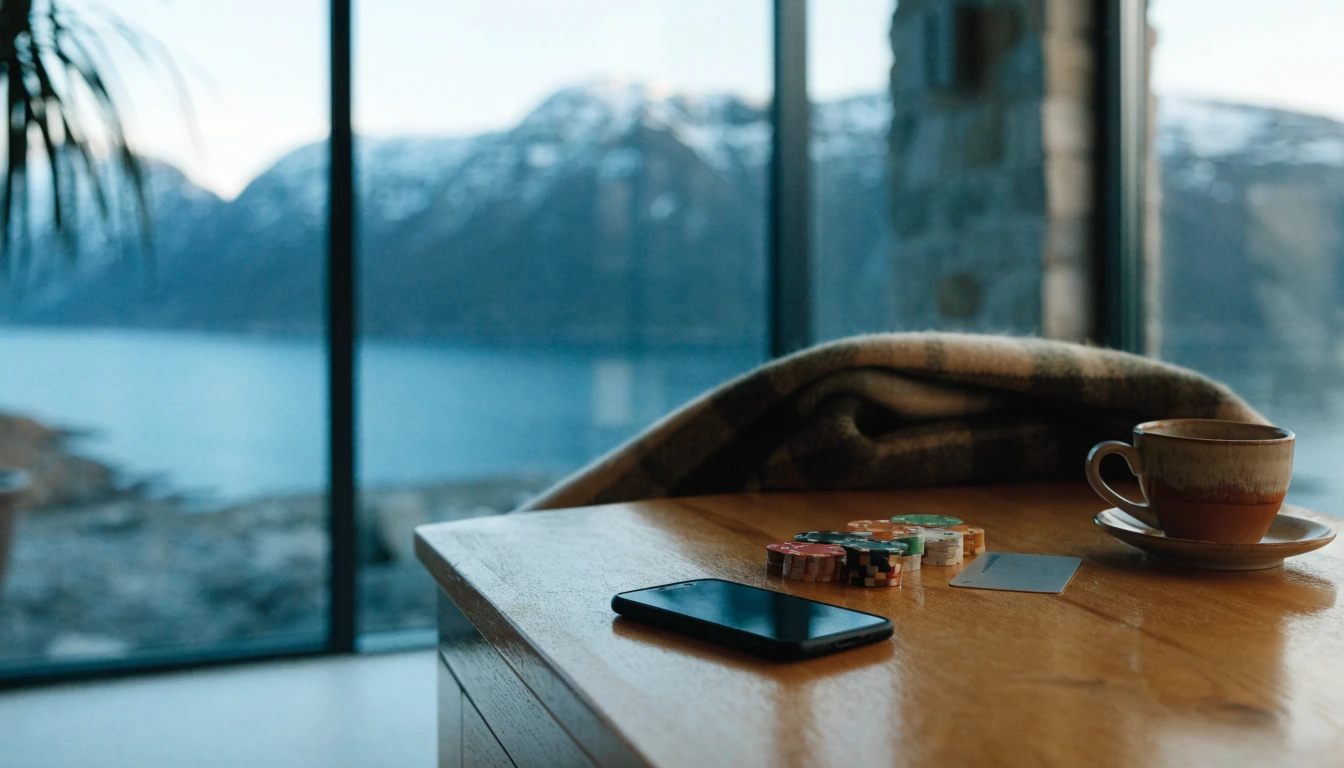 Norsk stue med telefon, kasinobrikker og forhåndsbetalt kort ved fjordvindu