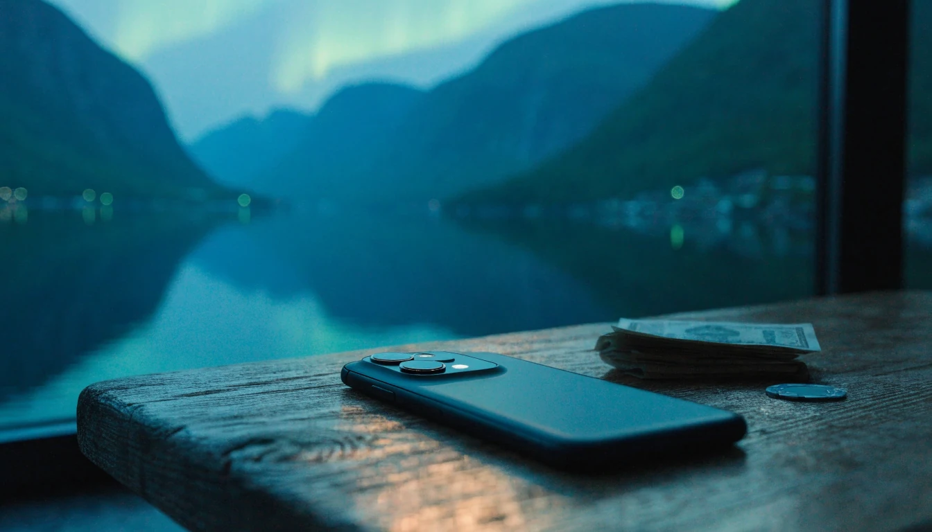 Moderne norsk stue med telefon og kaffekopp på bordet