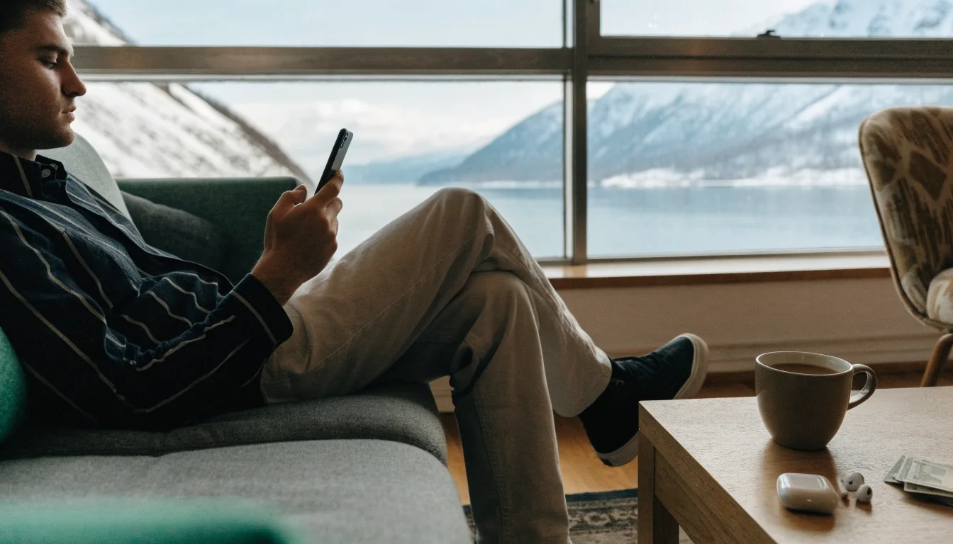 Mann i norsk stue med kaffe og telefon ved uttak fra casino