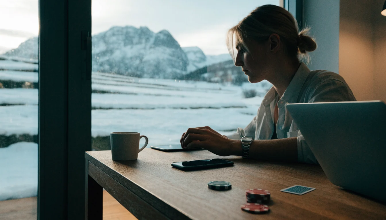 Smarttelefon og pokerjetonger på et nordisk skrivebord med vinterutsikt over norske fjell
