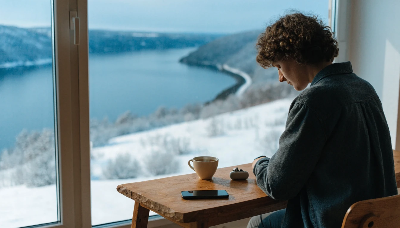 Person ved skrivebord med telefon vendt ned, kopp kaffe og norsk vinterlandskap utenfor vinduet