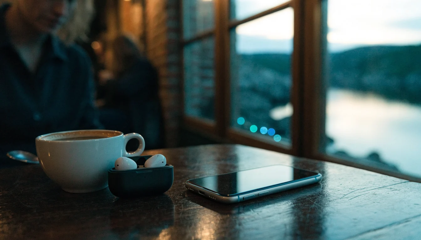 Android-telefon på et kafébord i et koselig norsk interiør