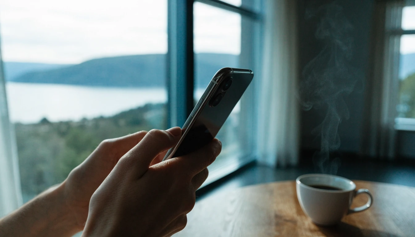 Person som holder en iPhone i et koselig norsk hjem med kopp kaffe