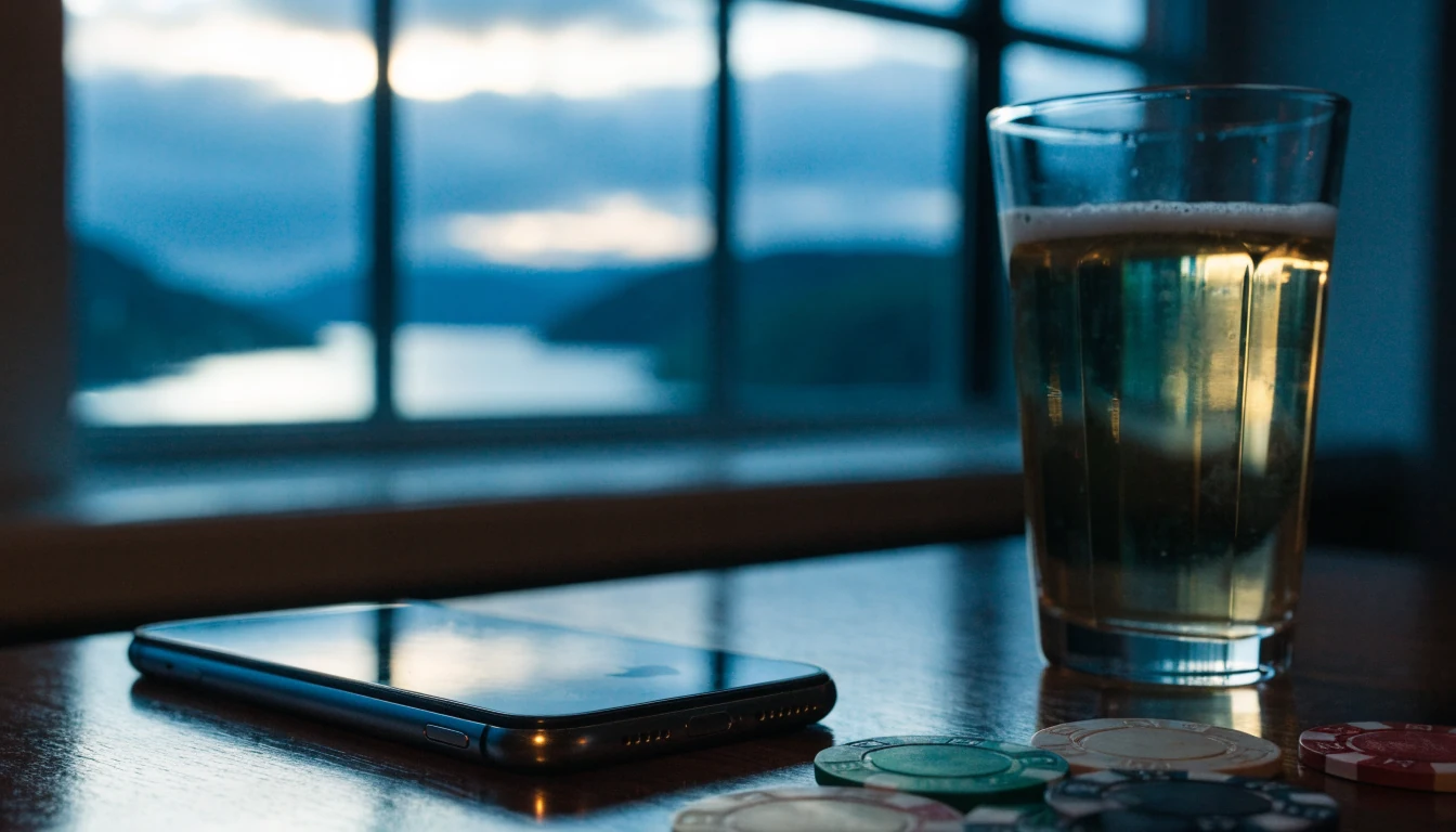 iPhone vendt ned ved siden av pokerjetonger og akevitt med norsk fjord i bakgrunnen