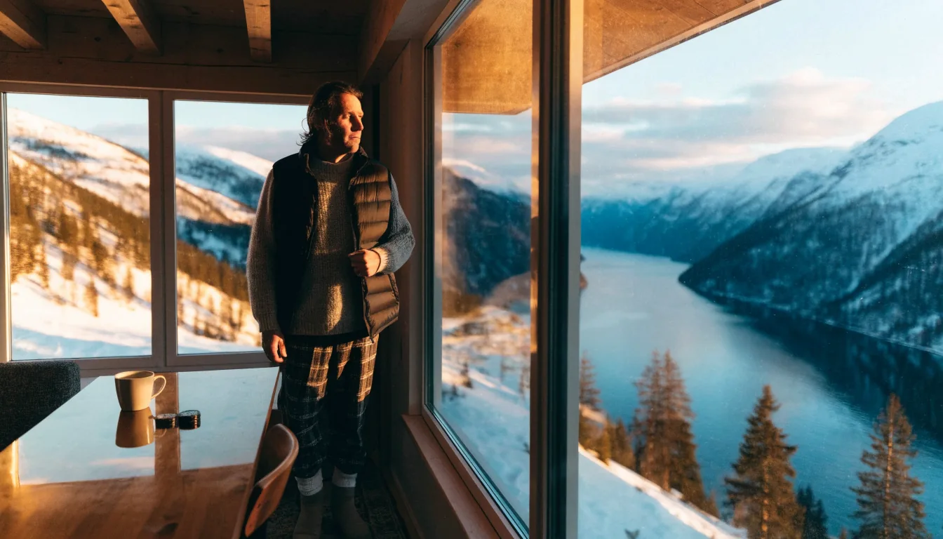 Person i vinterklær i en moderne hytte med utsikt over norsk fjord og casinobrikker på bordet