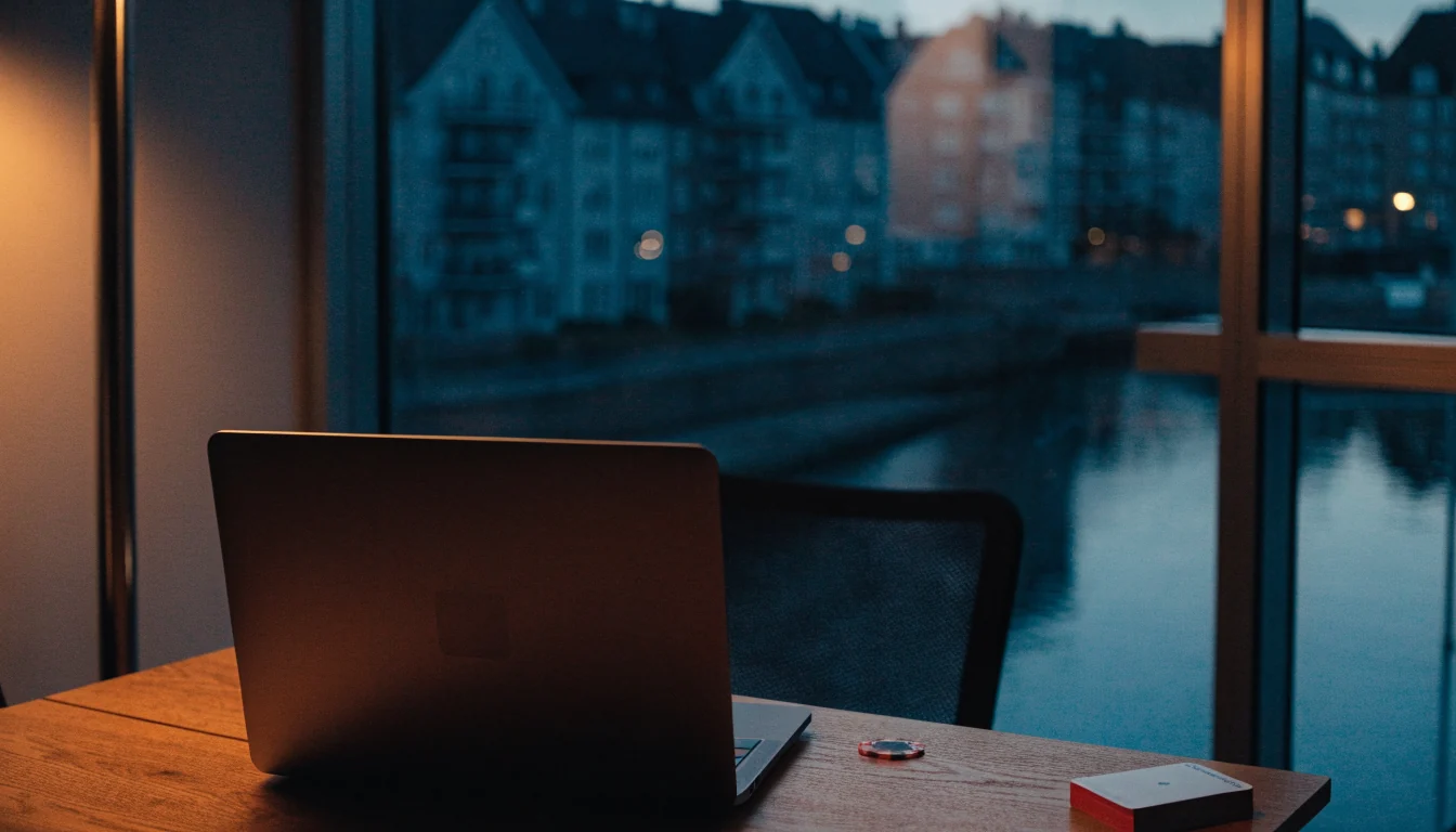 Bord med bærbar PC vendt bort fra kameraet i et norsk hjem