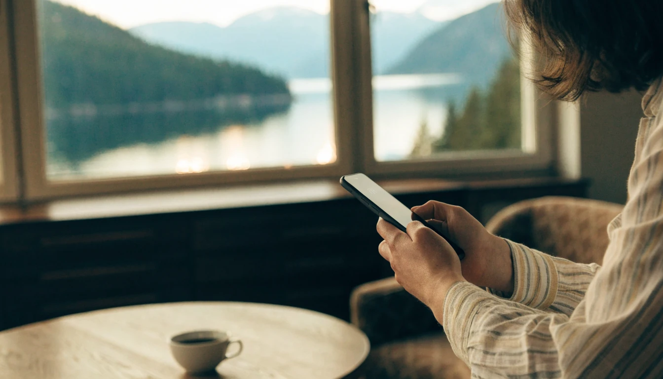 Person som spiller mobilcasino i en koselig norsk stue med utsikt over en fjord