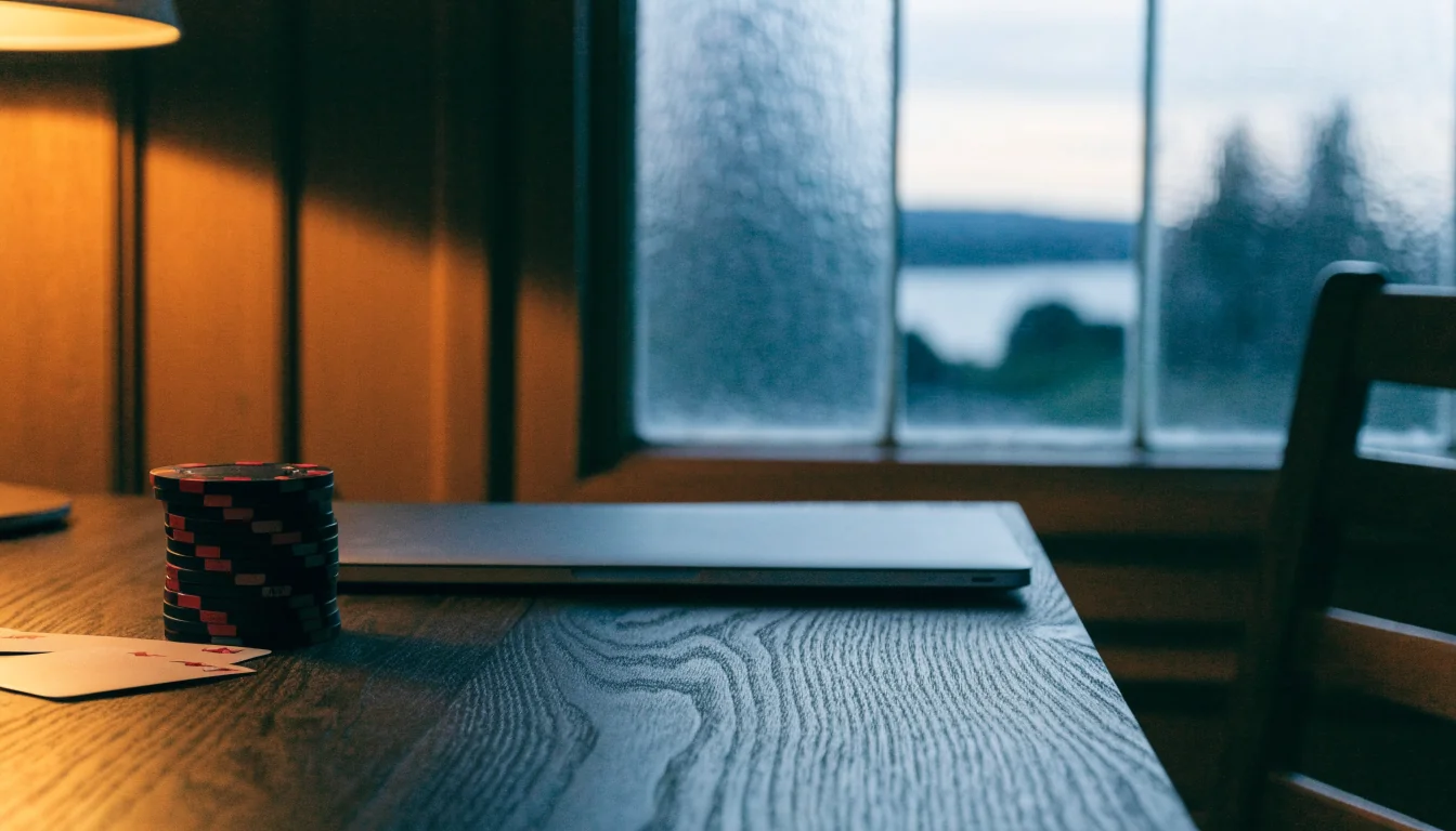 Casinochips og lukket bærbar PC på et mørkt trebord i et nordisk interiør.