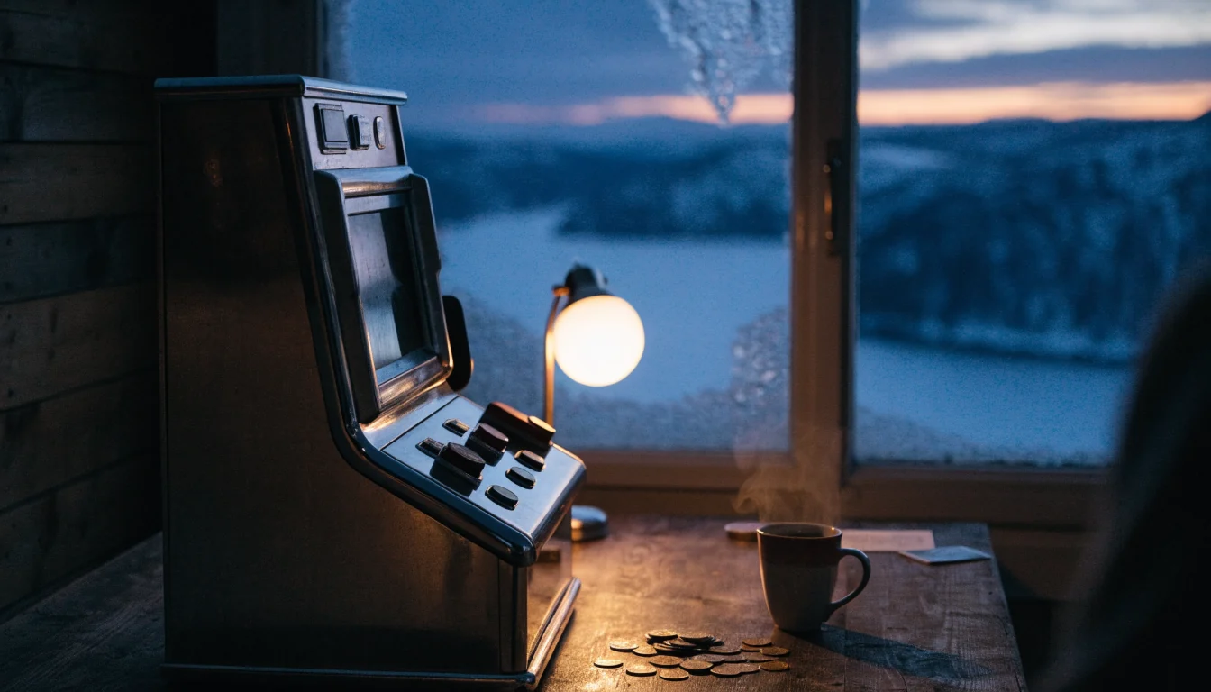 Vintage spilleautomat i en norsk hytte med utsikt over en snødekt fjord