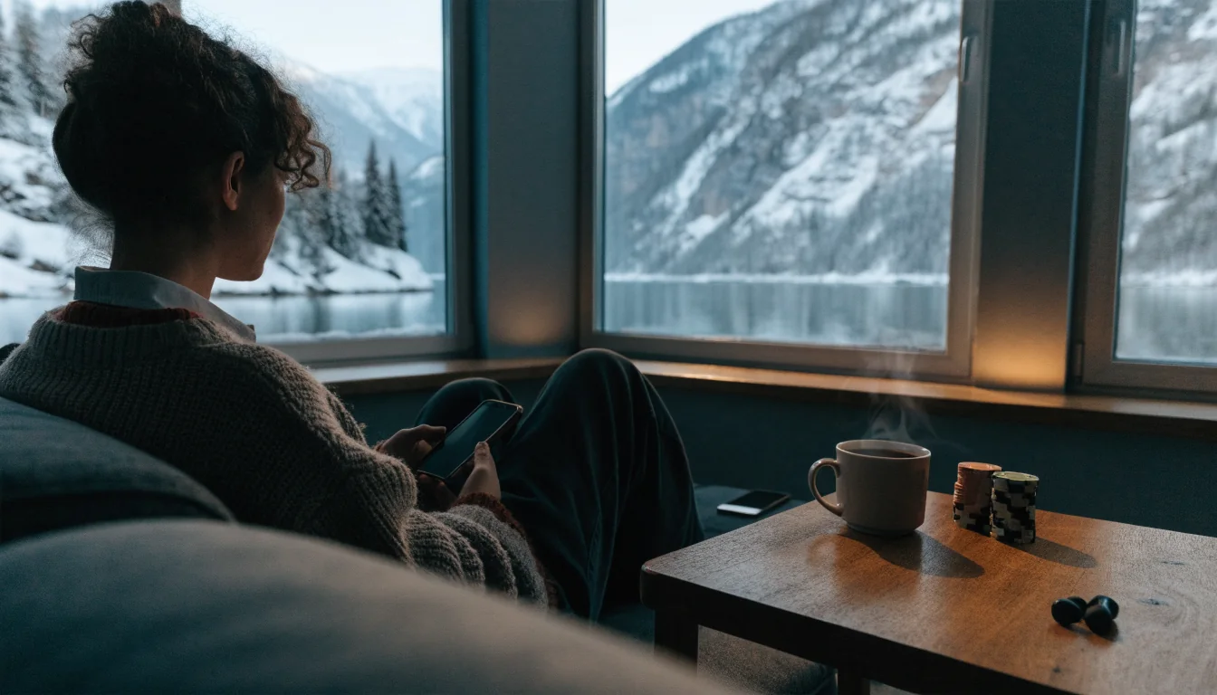 Mann på sofa med mobil, norsk vinterfjord utenfor vinduet