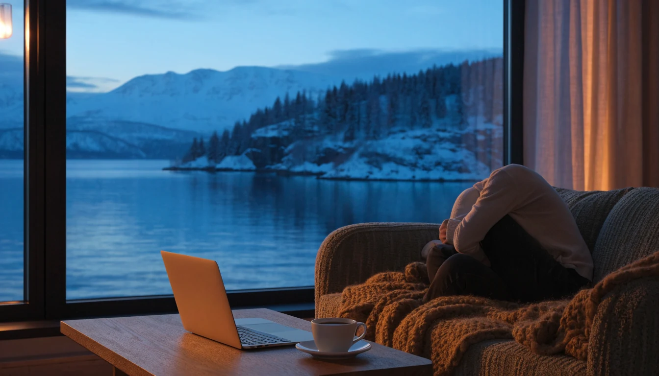 Norsk stue i skumringen med laptop og utsikt over fjord