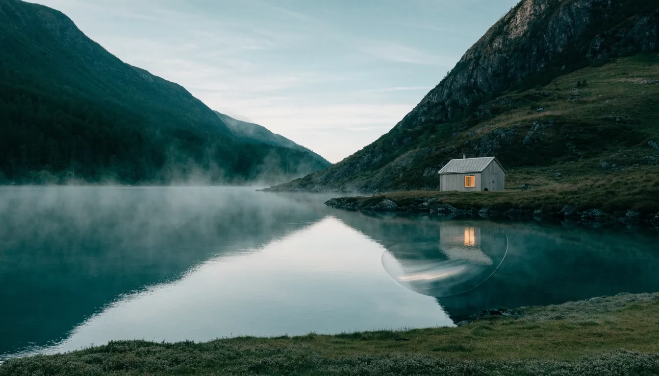 En beskyttet hytte ved en norsk fjord, omgitt av et gjennomsiktig skjold som symboliserer personvern.