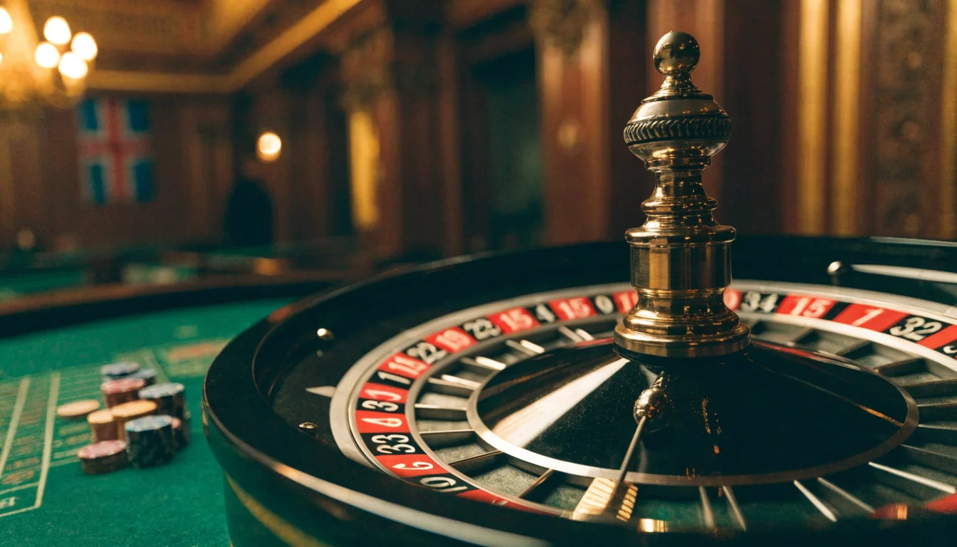 Europeisk roulettehjul med jetonger på et elegant casinobord, Norge 2026