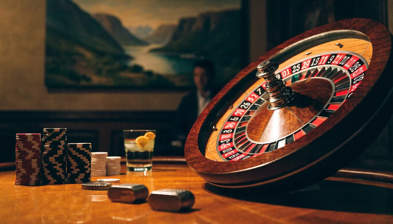Klassisk ruletthjul med fargeglade jetonger og et glass akevitt på et casinobord