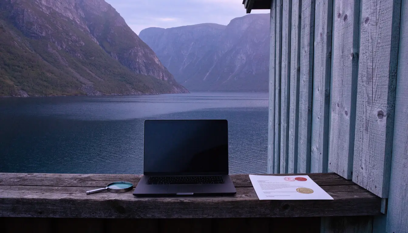 Norsk fjord ved skumring med laptop og forstørrelsesglass på verandaen