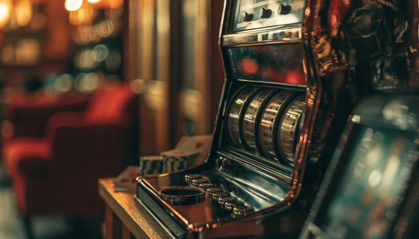 Moderne spilleautomat i koselig nordisk interiør med chips og kort