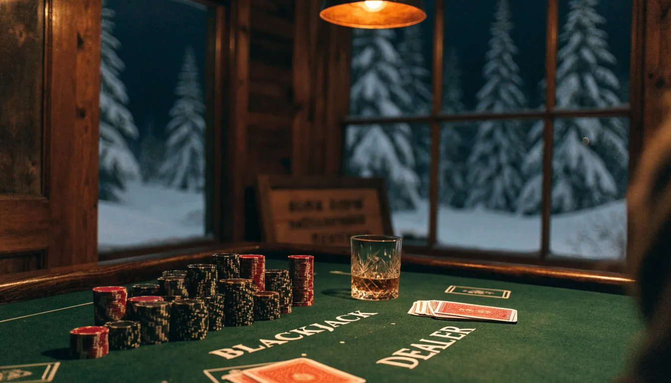 Blackjack-bord i en koselig norsk hytte med kort og jetonger