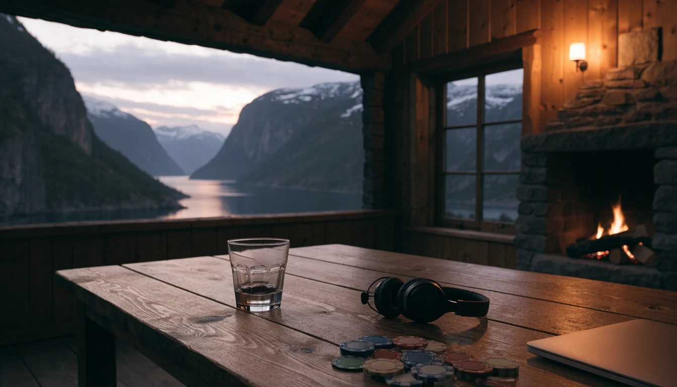 Koselig norsk hytte med chips og laptop ved peisen ved skumring