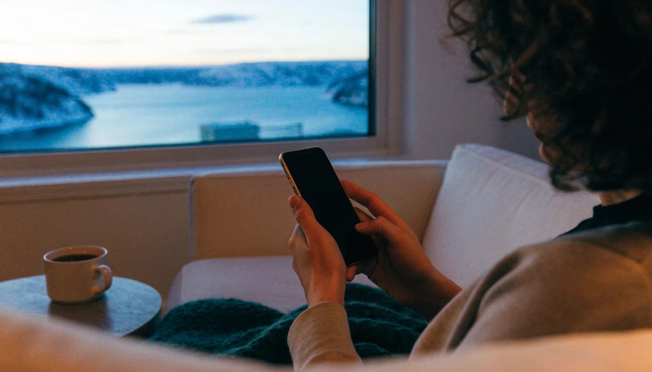 Person som spiller på mobilen i en koselig norsk stue med vinterlandskap utenfor vinduet
