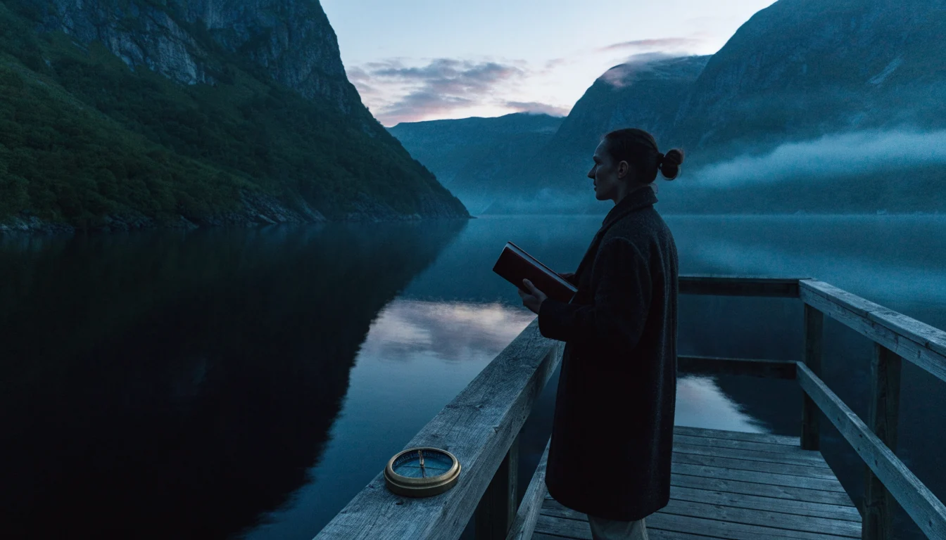 Mann i frakk på brygge ved norsk fjord med gammelt kompass og notatbok i skumringen.
