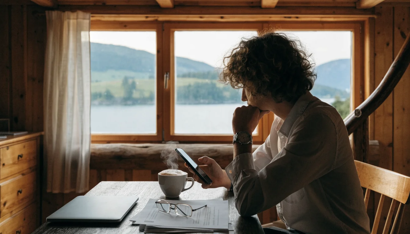 Person ved skrivebord i norsk hytte med kaffe og dokumenter